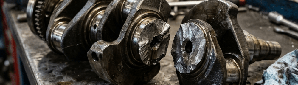 Two damaged engine crankshafts on a metal workbench with scattered tools and oil stains